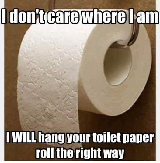 correct way to hang toilet paper meme - I don't care where I am I Will hang your toilet paper roll the right way