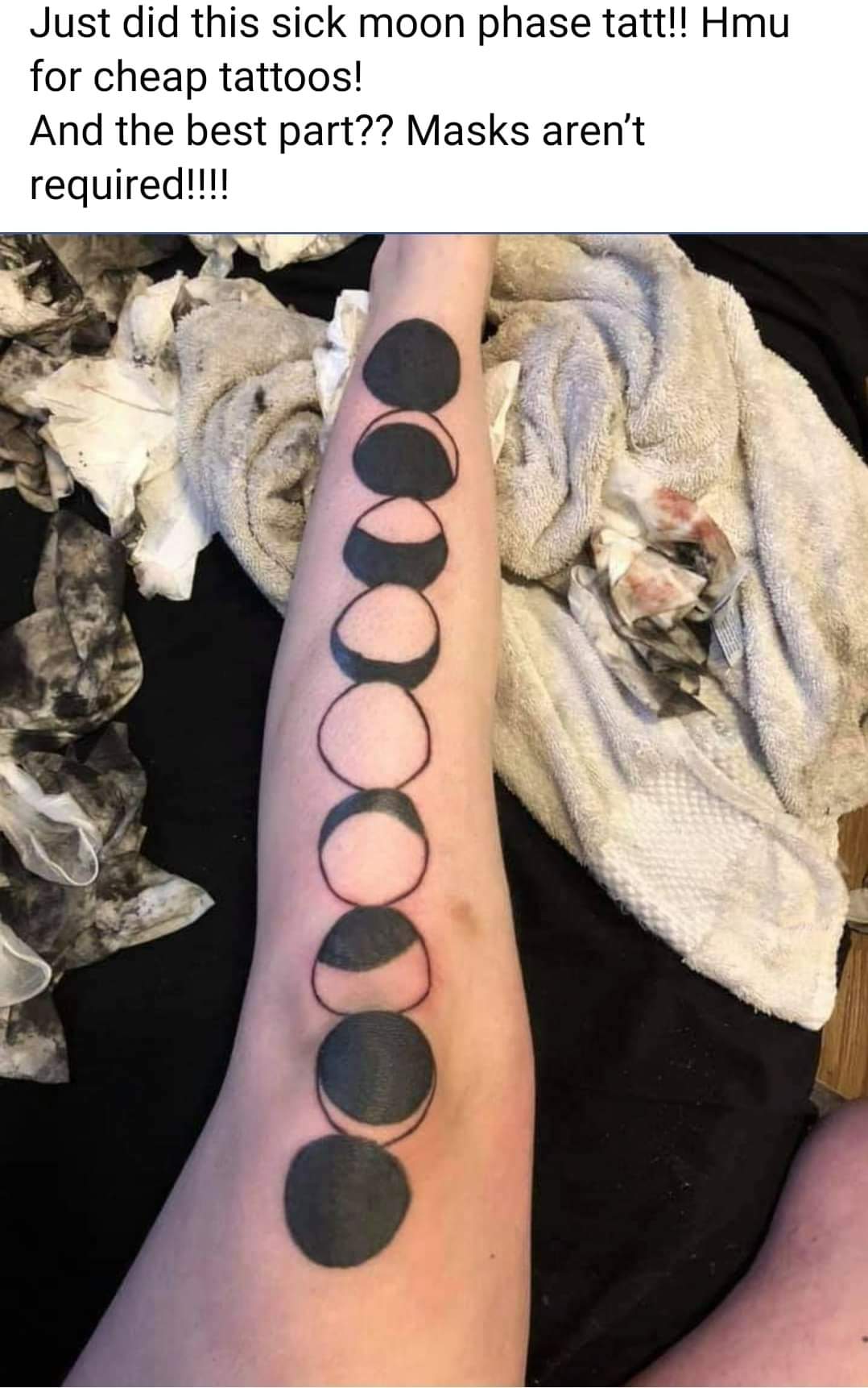 failed circle tattoo - Just did this sick moon phase tatt!! Hmu for cheap tattoos! And the best part?? Masks aren't required!!!! 000