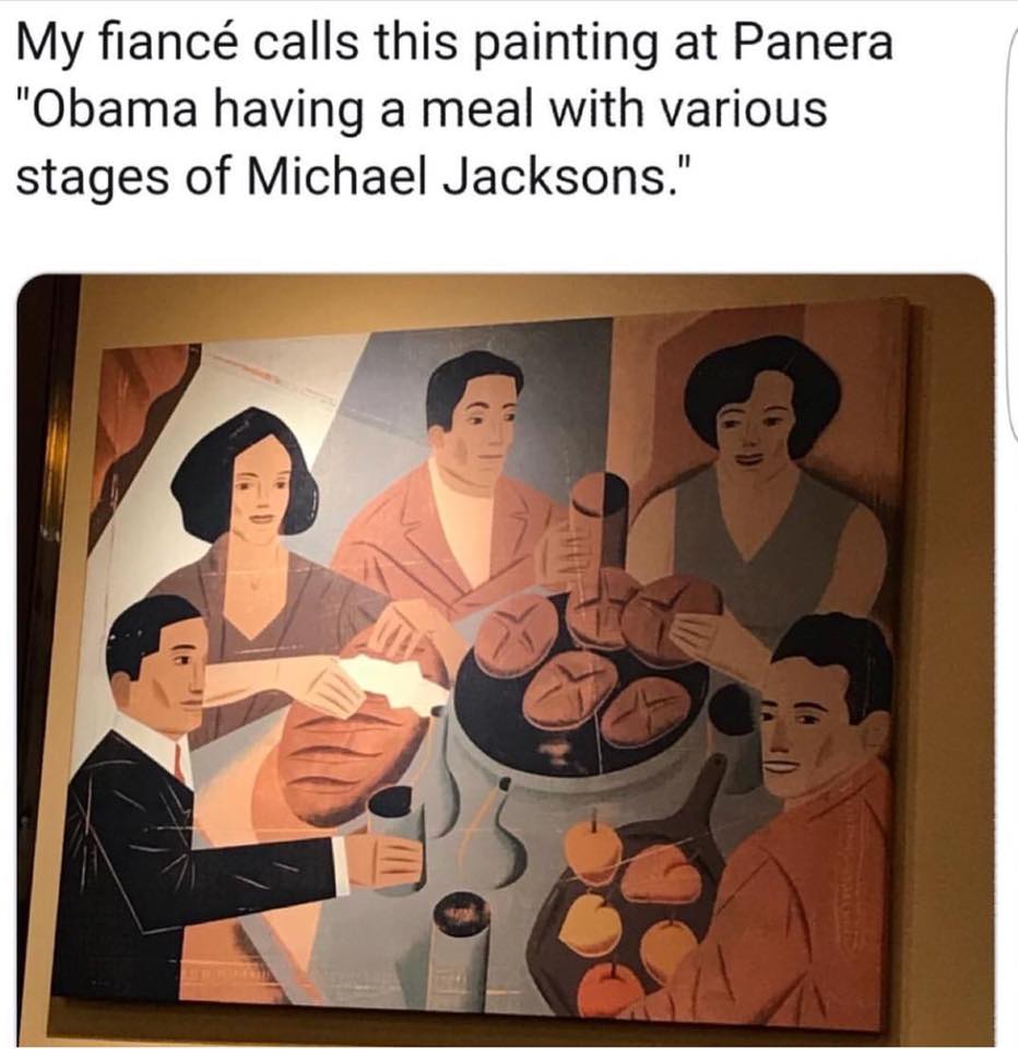 panera michael jackson painting - My fianc calls this painting at Panera "Obama having a meal with various stages of Michael Jacksons."