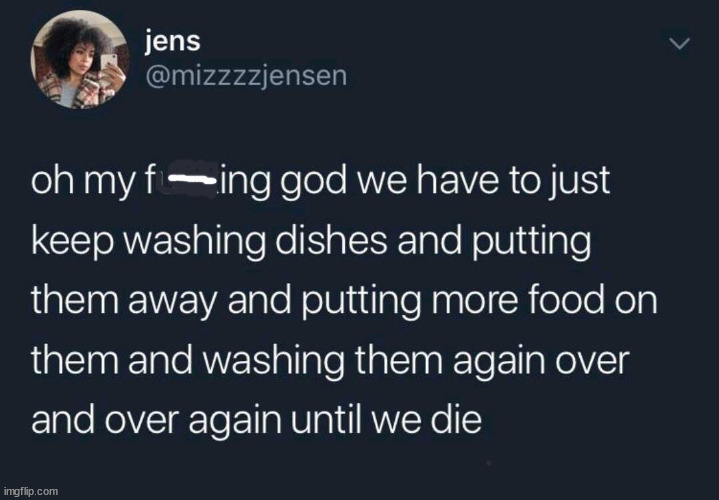 jens imgflip.com oh my fing god we have to just keep washing dishes and putting them away and putting more food on them and washing them again over and over again until we die