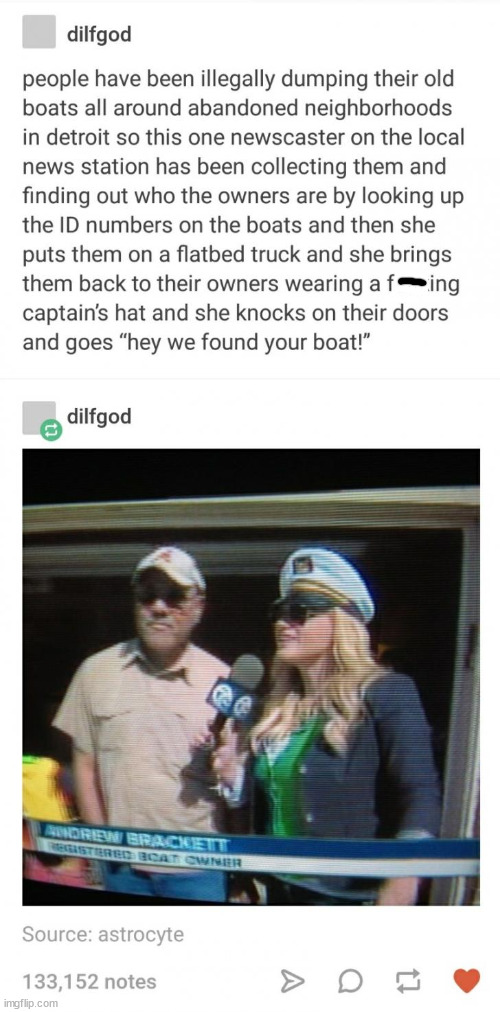 funny memes and pics - media - dilfgod people have been illegally dumping their old boats all around abandoned neighborhoods in detroit so this one newscaster on the local news station has been collecting them and finding out who the owners are by looking