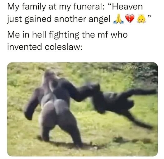 dank memes and pics - me in hell fighting the mf who invented coleslaw - My family at my funeral "Heaven just gained another angel Me in hell fighting the mf who invented coleslaw