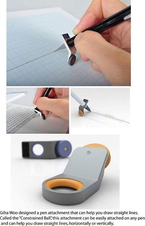 funny randoms - computer accessory - voding Giha Woo designed a pen attachment that can help you draw straight lines. Called the "Constrained Ball, this attachment can be easily attached on any pen and can help you draw straight lines, horizontally or ver