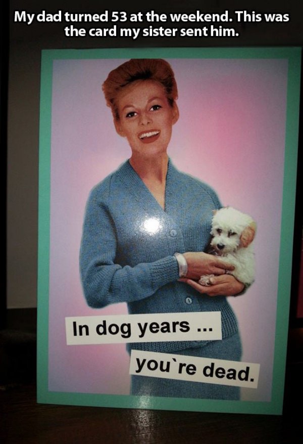 funny randoms - dog years you re dead - My dad turned 53 at the weekend. This was the card my sister sent him. In dog years ... you're dead.