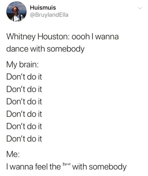 dank memes - wanna dance with somebody meme - Huismuis Whitney Houston oooh I wanna dance with somebody My brain Don't do it Don't do it Don't do it Don't do it Don't do it Don't do it Me I wanna feel the heat with somebody