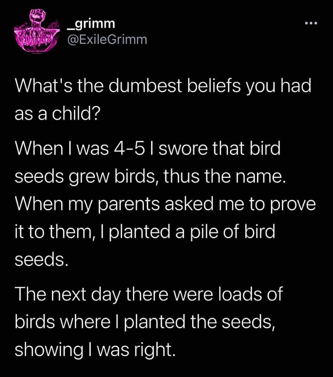dank memes - Meme - _grimm Grimm What's the dumbest beliefs you had as a child? When I was 45 I swore that bird seeds grew birds, thus the name. When my parents asked me to prove it to them, I planted a pile of bird seeds. The next day there were loads of