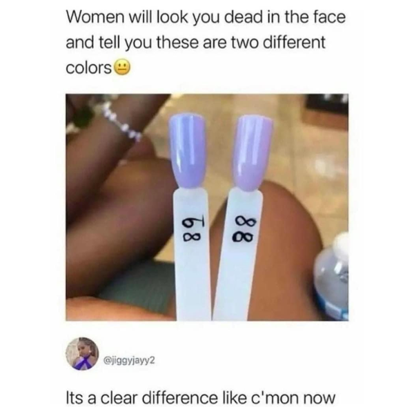 cool pics and funny memes -  women will look you dead in the face and tell you these are two different colors - Women will look you dead in the face and tell you these are two different colors 89 88 Its a clear difference c'mon now