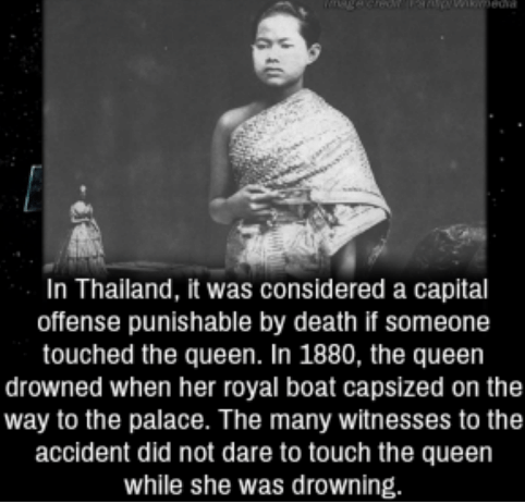 cool pics and funny memes -  thailand queen drowned - In Thailand, it was considered a capital offense punishable by death if someone touched the queen. In 1880, the queen drowned when her royal boat capsized on the way to the palace. The many witnesses t