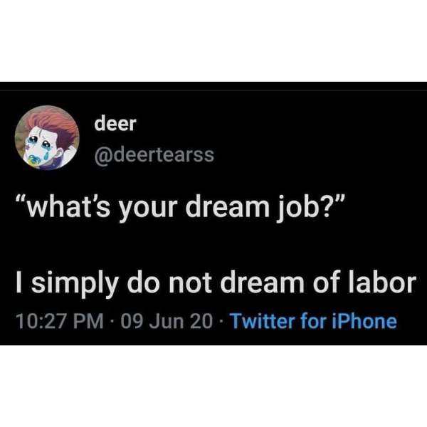 funny memes and pics -  Meme - deer "what's your dream job?" I simply do not dream of labor 09 Jun 20 Twitter for iPhone