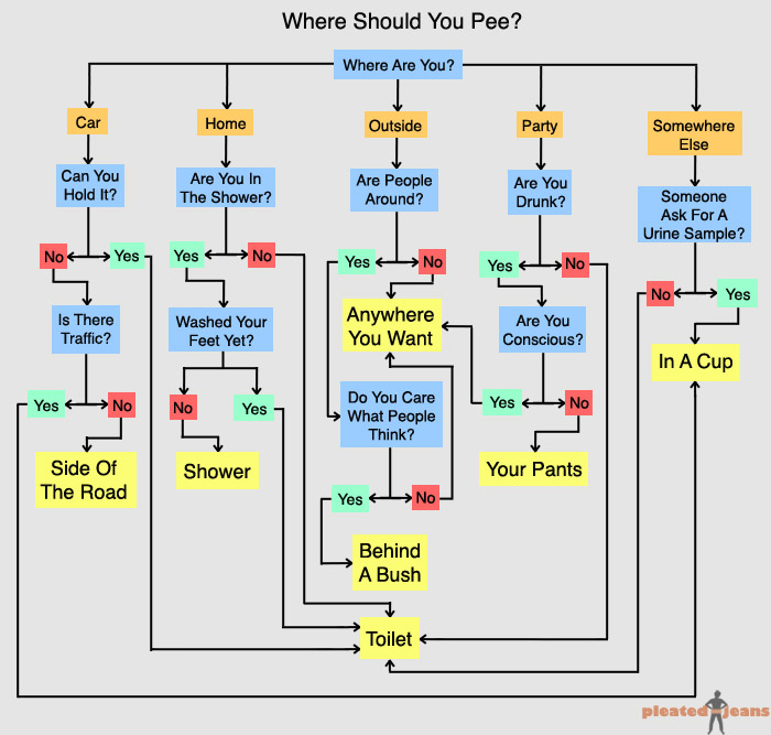 funny memes and pics -  should you pee flow chart - No Car Can You Hold It? Yes Yes Is There Traffic? No Side Of The Road Are You In The Shower? Yes Home No No Washed Your Feet Yet? Yes Shower Where Should You Pee? Where Are You? Outside Are People Around