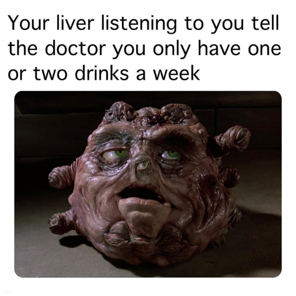 funny memes and pics - head - Your liver listening to you tell the doctor you only have one or two drinks a week