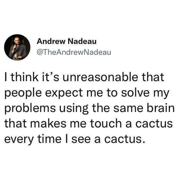 funny memes and pics - quotes - Andrew Nadeau I think it's unreasonable that people expect me to solve my problems using the same brain that makes me touch a cactus every time I see a cactus.