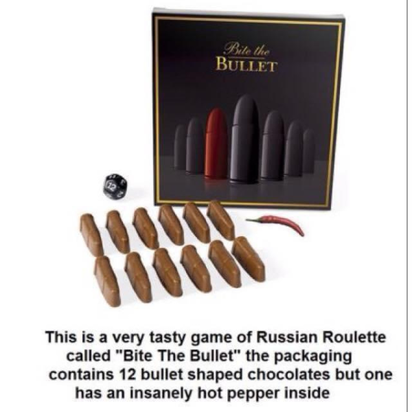 funny memes and pics - russian roulette chocolate - Bite the Bullet Jo This is a very tasty game of Russian Roulette called "Bite The Bullet" the packaging contains 12 bullet shaped chocolates but one has an insanely hot pepper inside