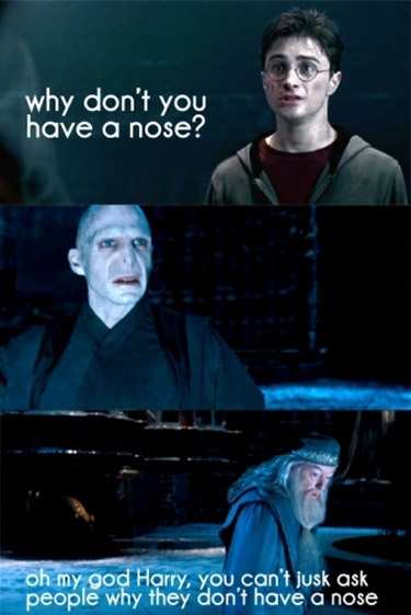 funny memes and pics - mean harry potter memes - why don't you have a nose? oh my god Harry, you can't jusk ask people why they don't have a nose