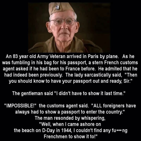 funny memes and pics - old veteran - An 83 year old Army Veteran arrived in Paris by plane. As he was fumbling in his bag for his passport, a stern French customs agent asked if he had been to France before. He admited that he had indeed been previously. 