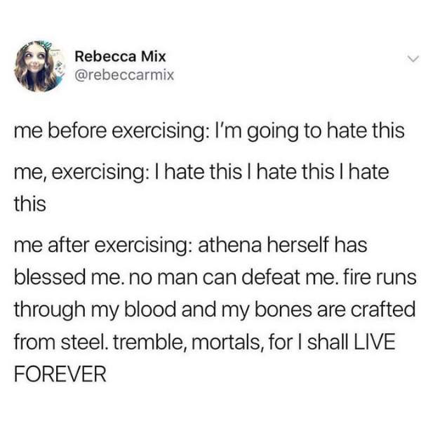 funny memes and pics - paper - Rebecca Mix me before exercising I'm going to hate this me, exercising I hate this I hate this I hate this me after exercising athena herself has blessed me. no man can defeat me. fire runs through my blood and my bones are 