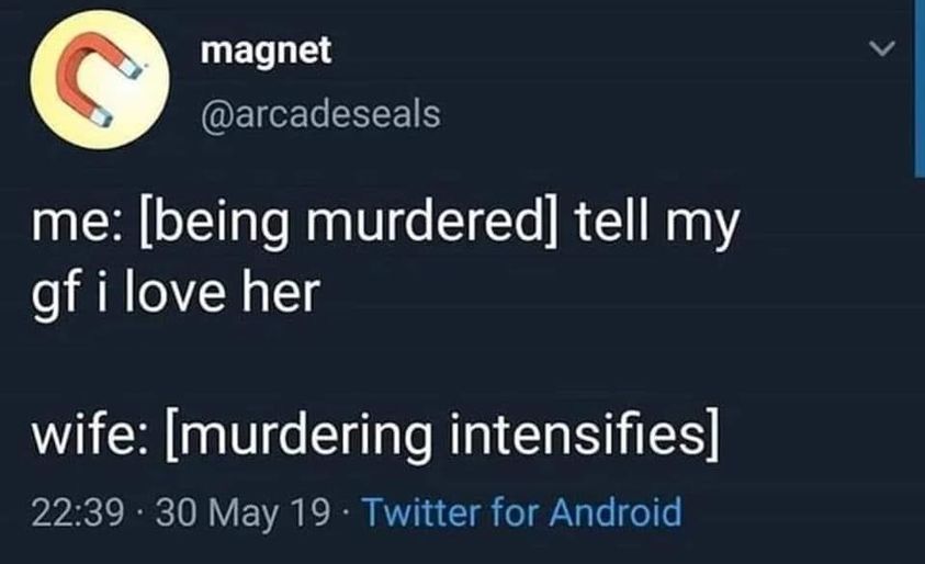 fresh memes - software - C me being murdered tell my gf i love her magnet wife murdering intensifies 30 May 19 Twitter for Android . .