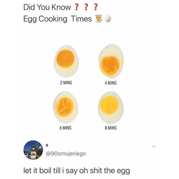 fresh memes - boiled egg meme - Did You Know? ? ? Egg Cooking Times 2 Mins 6 Mins 4 Mins 8 Mins let it boil till i say oh shit the egg