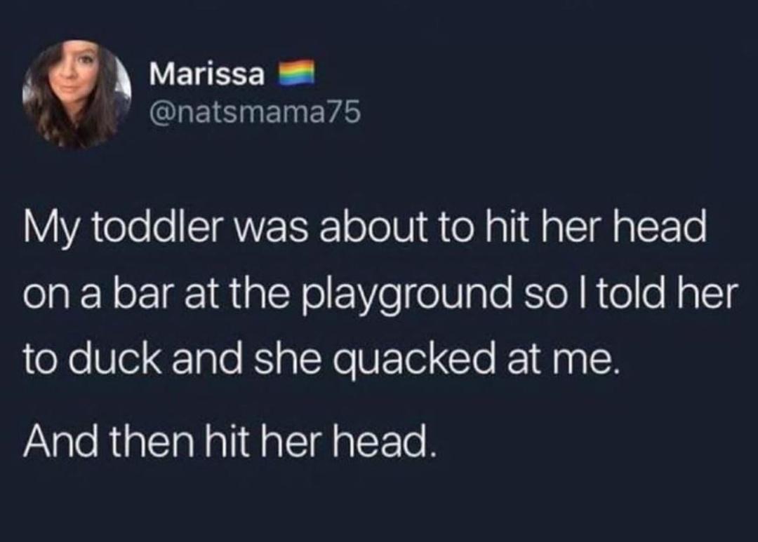 fresh memes - told my daughter to duck and she quacked - Marissa My toddler was about to hit her head on a bar at the playground so I told her to duck and she quacked at me. And then hit her head.