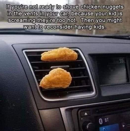 funny memes and cool pics - vent funny - If you're not ready to shove chicken nuggets in the vents in your car, because your kid is screaming they're too hot. Then you might want to reconsider having kids. Bt 55 Mey
