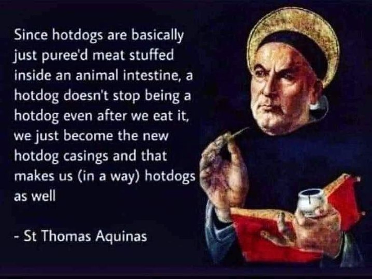painting thomas aquinas - Since hotdogs are basically just puree'd meat stuffed inside an animal intestine, a hotdog doesn't stop being a hotdog even after we eat it, we just become the new hotdog casings and that makes us in a way hotdogs as well St Thom