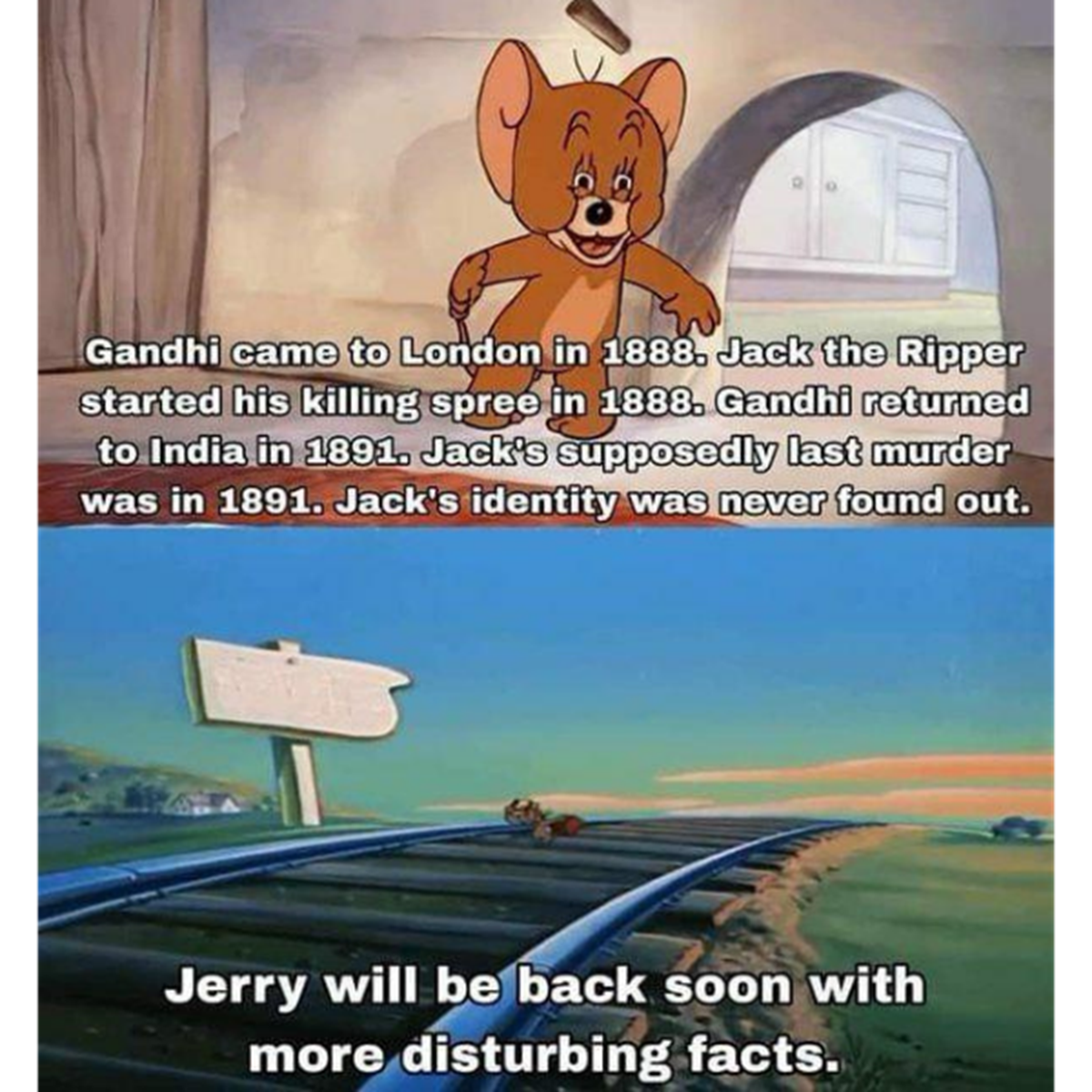 tom and jerry cartoon memes - Gandhi came to London in 1888. Jack the Ripper started his killing spree in 1888. Gandhi returned to India in 1891. Jack's supposedly last murder was in 1891. Jack's identity was never found out. Jerry will be back soon with 
