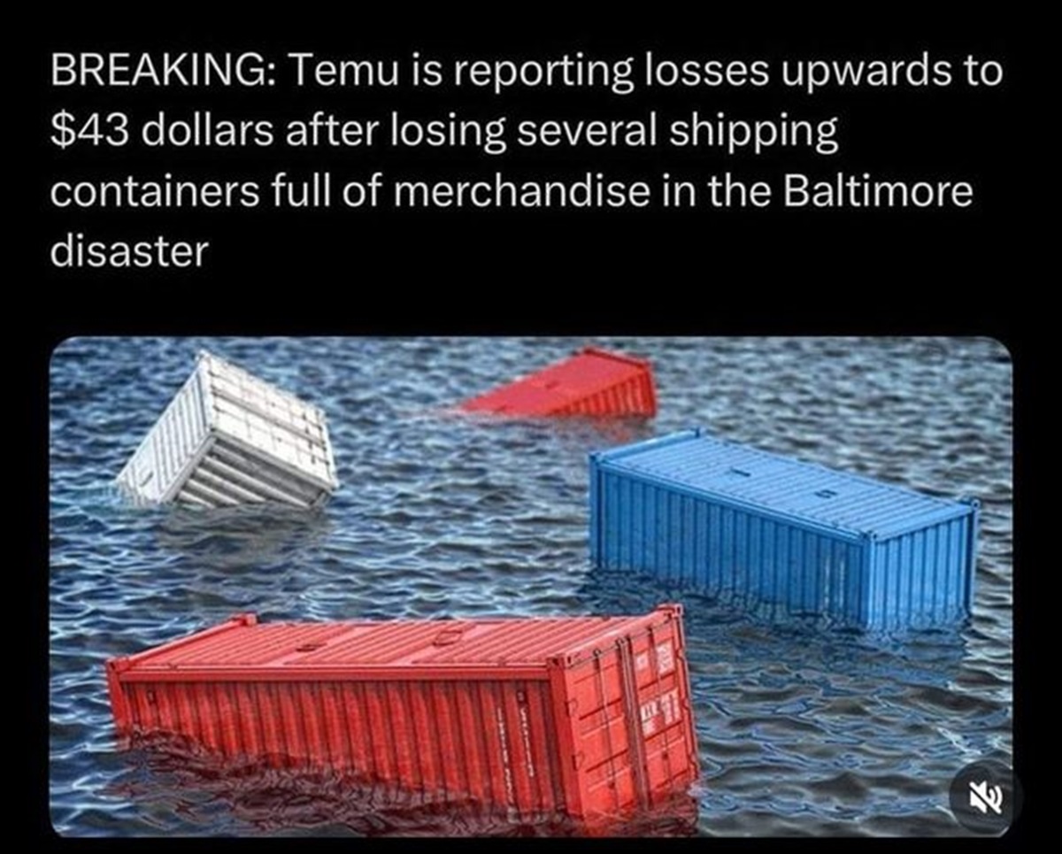 Breaking Temu is reporting losses upwards to $43 dollars after losing several shipping containers full of merchandise in the Baltimore disaster