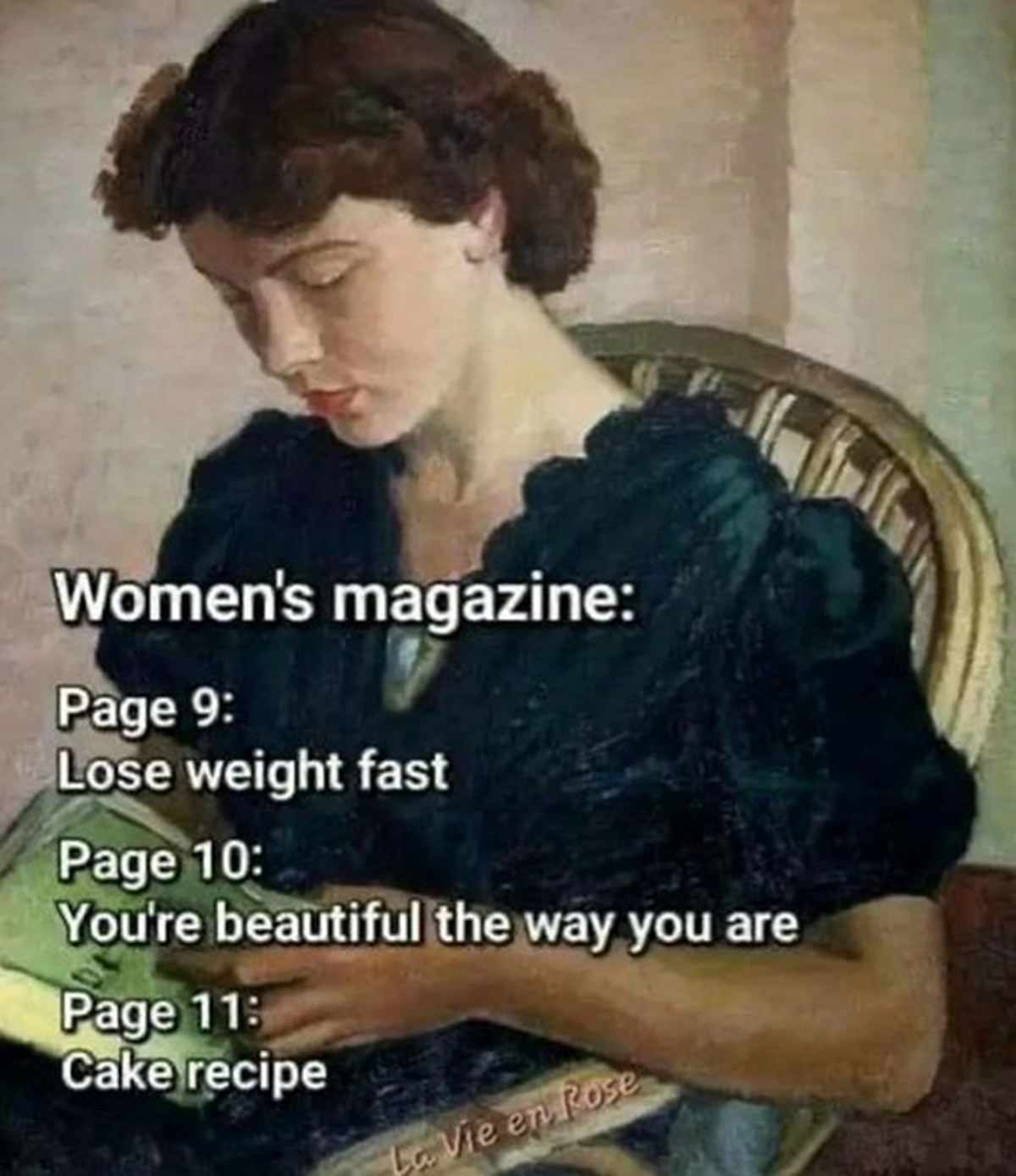 vera alabaster girl reading - Women's magazine Page 9 Lose weight fast Page 10 You're beautiful the way you are Page 11 Cake recipe La Vie en Rose