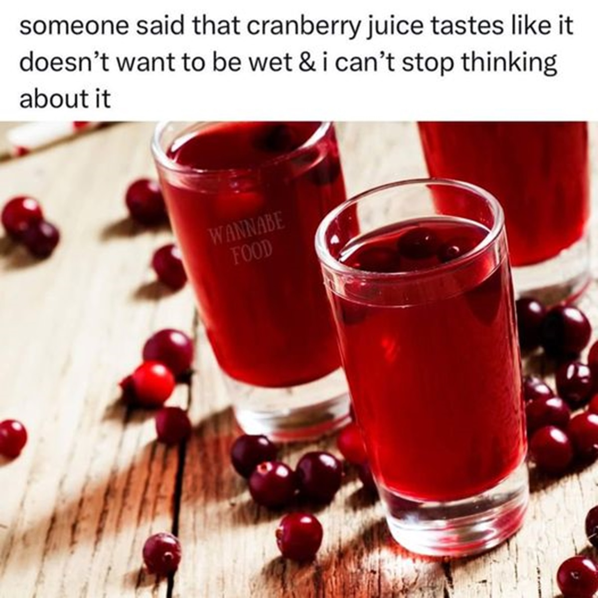 Cranberry juice - someone said that cranberry juice tastes it doesn't want to be wet & i can't stop thinking about it Wannabe Food