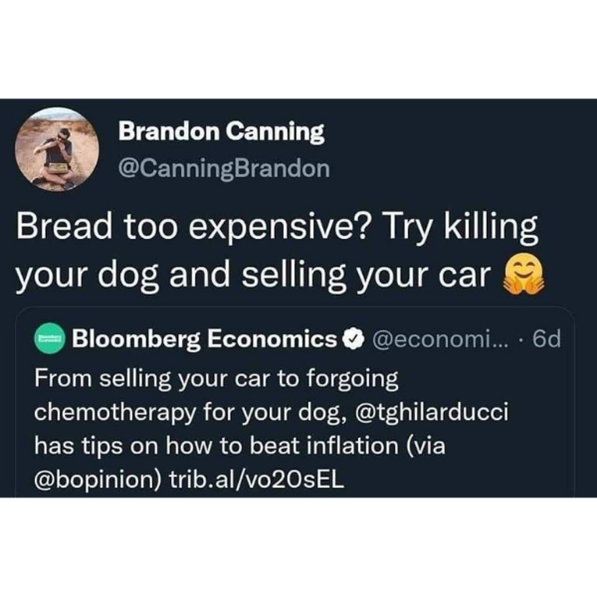 screenshot - Brandon Canning Bread too expensive? Try killing your dog and selling your car Bloomberg Economics .... 6d From selling your car to forgoing chemotherapy for your dog, has tips on how to beat inflation via trib.alvo20SEL