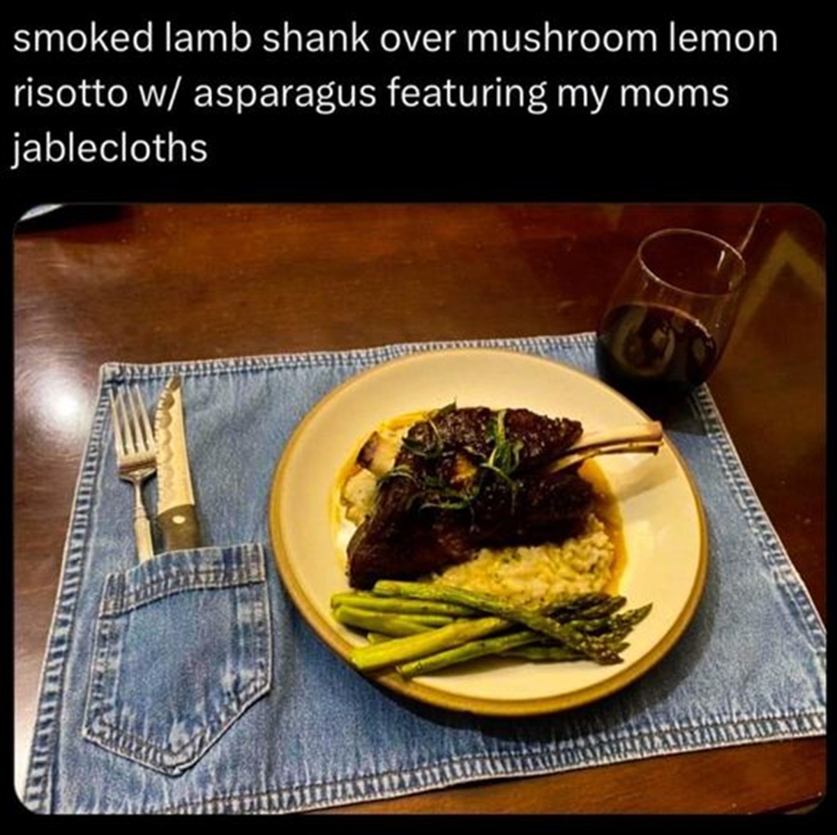 Smoked lamb shank - smoked lamb shank over mushroom lemon risotto w asparagus featuring my moms jablecloths