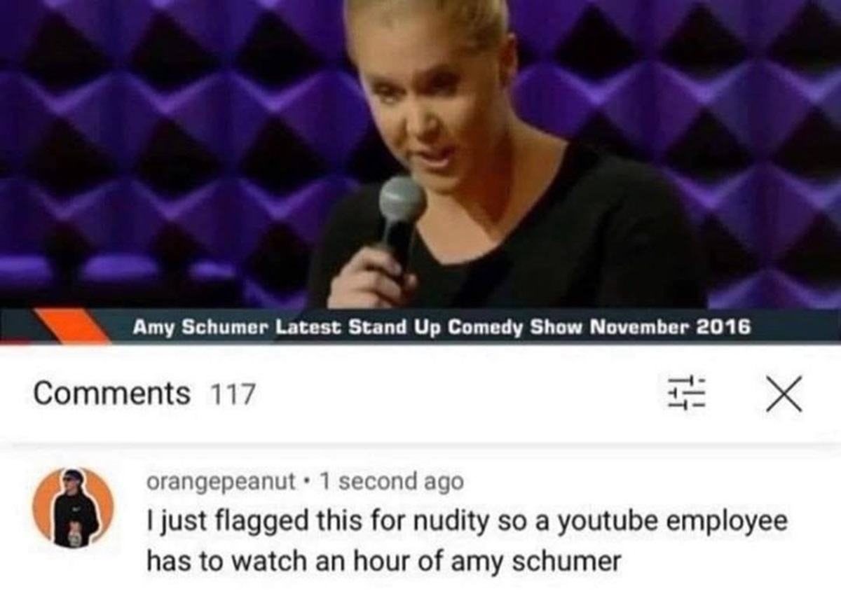 screenshot - Amy Schumer Latest Stand Up Comedy Show 117 orangepeanut 1 second ago I just flagged this for nudity so a youtube employee has to watch an hour of amy schumer