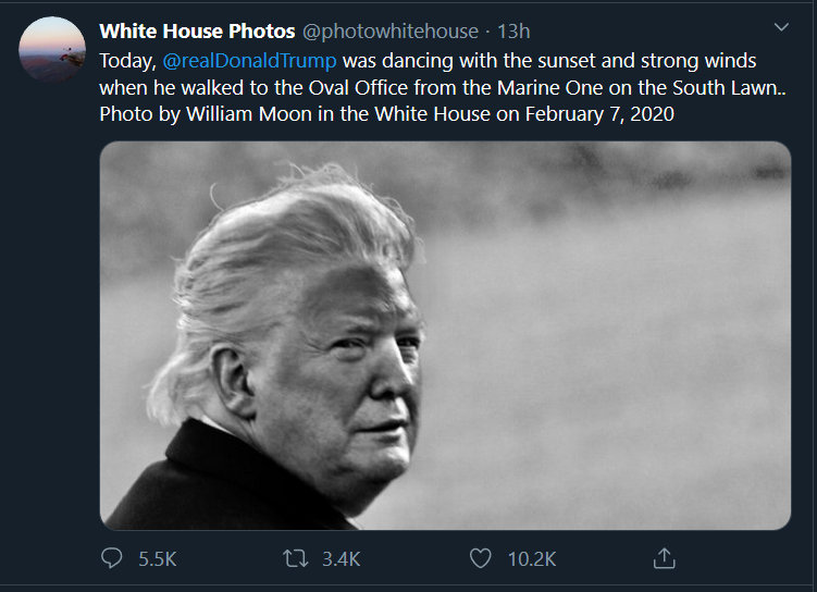 photo caption - White House Photos 13h Today, Trump was dancing with the sunset and strong winds when he walked to the Oval Office from the Marine One on the South Lawn.. Photo by William Moon in the White House on 22