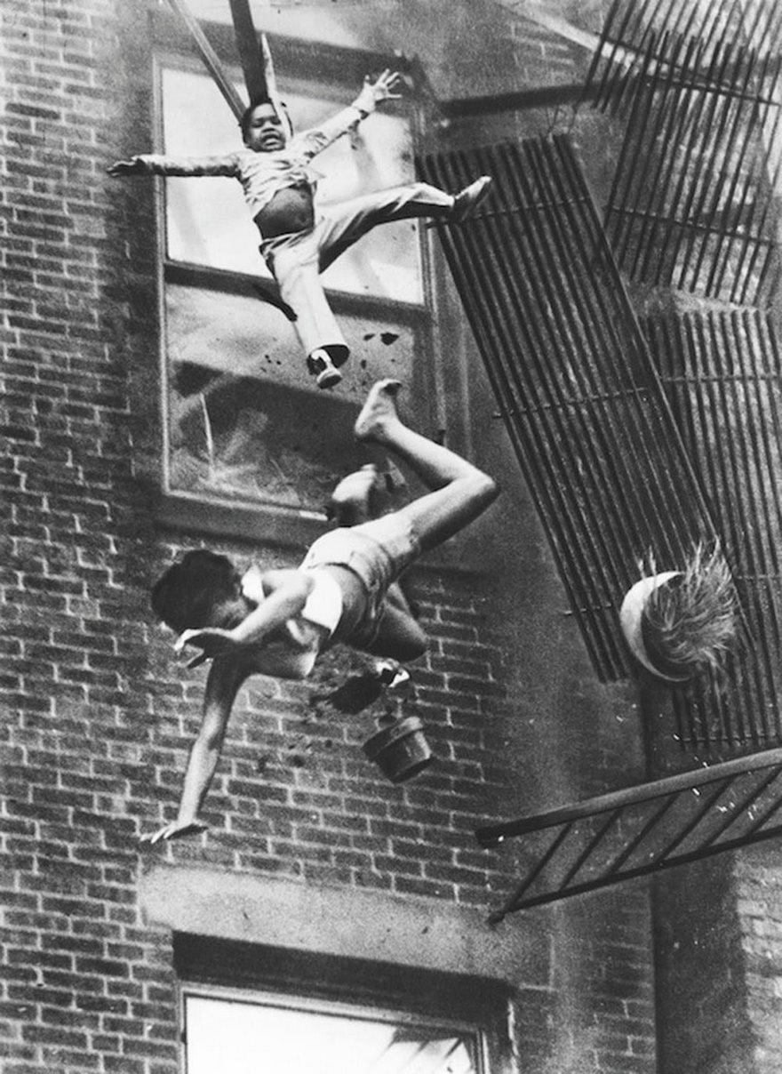 Fire Escape Collapse, Stanley Forman, 1975

Stanley Forman was working for the Boston Herald American on July 22, 1975, when he got a call about a fire on Marlborough Street. He raced over in time to see a woman and child on a fifth-floor fire escape. A fireman had set out to help them, and Forman figured he was shooting another routine rescue. “Suddenly the fire escape gave way,” he recalled, and Diana Bryant, 19, and her goddaughter Tiare Jones, 2, were swimming through the air. “I was shooting pictures as they were falling—then I turned away. It dawned on me what was happening, and I didn’t want to see them hit the ground. I can still remember turning around and shaking.” Bryant died from the fall, her body cushioning the blow for her goddaughter, who survived. While the event was no different from the routine tragedies that fill the local news, Forman’s picture of it was. Using a motor-drive camera, Forman was able to freeze the horrible tumbling moment down to the expression on young Tiare’s face. The photo earned Forman the Pulitzer Prize and led municipalities around the country to enact tougher fire-escape-safety codes. But its lasting legacy is as much ethical as temporal. Many readers objected to the publication of Forman’s picture, and it remains a case study in the debate over when disturbing images are worth sharing.