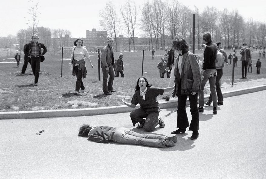Kent State Shootings, John Paul Filo, 1970. The shooting at Kent State University in Ohio lasted 13 seconds. When it was over, four students were dead, nine were wounded, and the innocence of a generation was shattered. The demonstrators were part of a national wave of student discontent spurred by the new presence of U.S. troops in Cambodia. At the Kent State Commons, protesters assumed that the National Guard troops that had been called to contain the crowds were firing blanks. But when the shooting stopped and students lay dead, it seemed that the war in Southeast Asia had come home. John Filo, a student and part-time news photographer, distilled that feeling into a single image when he captured Mary Ann Vecchio crying out and kneeling over a fatally wounded Jeffrey Miller. Filo’s photograph was put out on the AP wire and printed on the front page of the New York Times. It went on to win the Pulitzer Prize and has since become the visual symbol of a hopeful nation’s lost youth. As Neil Young wrote in the song “Ohio,” inspired by a LIFE story featuring Filo’s ­images, “Tin soldiers and Nixon coming/ We’re finally on our own/ This summer I hear the drumming/ Four dead in Ohio.”