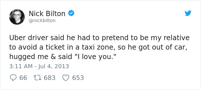 funny tweets on pakistani politicians - Nick Bilton Uber driver said he had to pretend to be my relative to avoid a ticket in a taxi zone, so he got out of car, hugged me & said