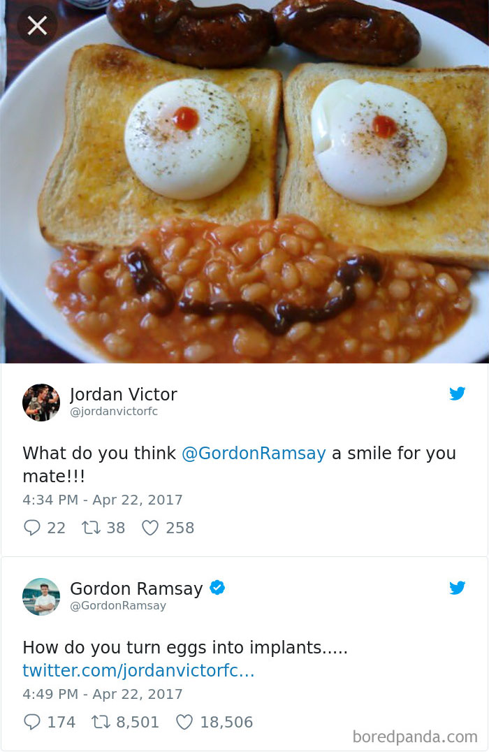 gordon ramsay roasts food - Jordan Victor What do you think Ramsay a smile for you mate!!! 9 22 2238 258 Gordon Ramsay Ramsay How do you turn eggs into implants..... twitter.comjordanvictorfc... 9 174 17 8,501 18,506 boredpanda.com