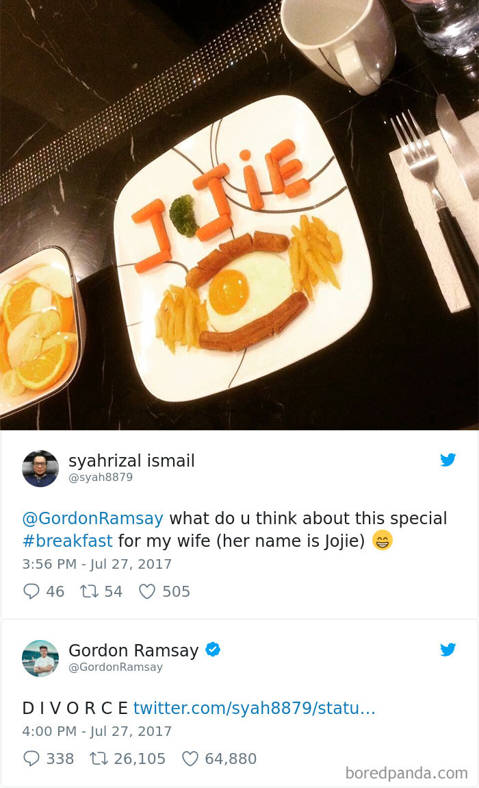 Gordon Ramsay - Jcie syahrizal ismail Ramsay what do u think about this special for my wife her name is Jojie 9 46 22 54 505 Gordon Ramsay Ramsay Divorce twitter.comsyah8879statu... 9 338 27 26,105 64,880 boredpanda.com