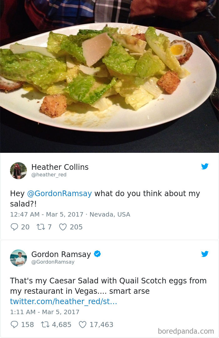 gordon ramsay roast - Heather Collins Hey Ramsay what do you think about my salad?! Nevada, Usa 9 20 227 205 Gordon Ramsay Ramsay That's my Caesar Salad with Quail Scotch eggs from my restaurant in Vegas.... smart arse twitter.comheather_redst... 158 23 4