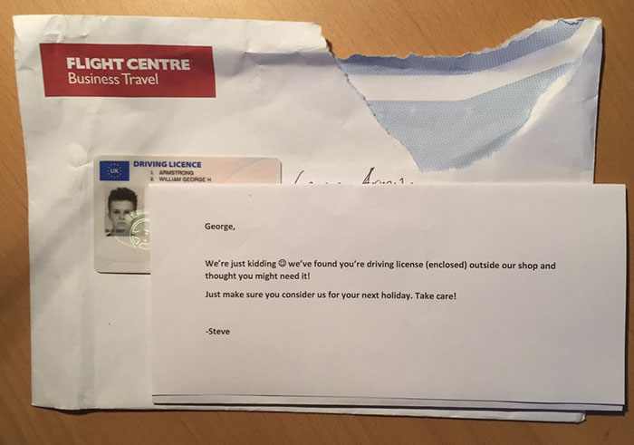 But once he flipped the letter, he saw a message from Flight Centre Cheltenham’s staff member, Steve