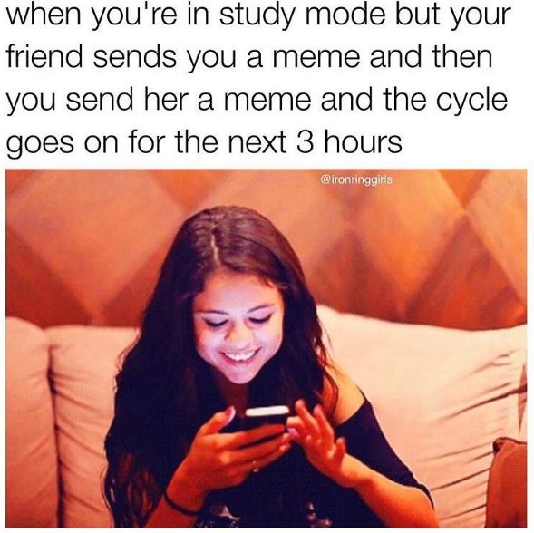 Wednesday meme about getting distracted from studying by memes