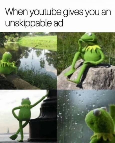 Wednesday meme about youtube ads with pics of Kermit deep in thoughts in different settings