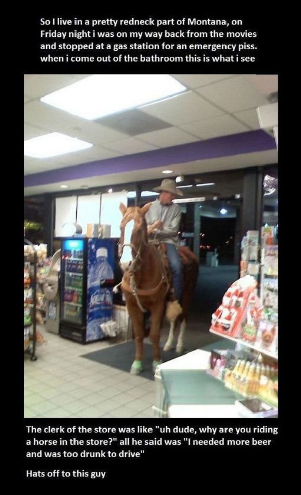 too drunk to drive horse - So I live in a pretty redneck part of Montana, on Friday night i was on my way back from the movies and stopped at a gas station for an emergency piss. when i come out of the bathroom this is what i see, The clerk of the store w