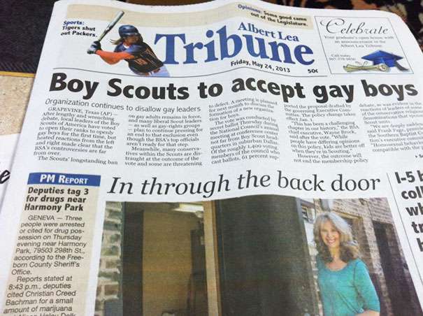 newspaper fails - out Tigers shut out Packer Albert Lea C elebrate Tribune Boy Scouts to accept gay boys Friday, 506 d the Organization zation continues to dicat gay leaders of Grapevine, T Ap ced thy antwoching a les for tel and many liberta teh other e 