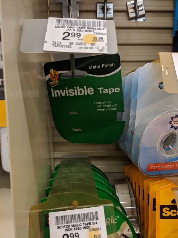 Duck Opp Tape Invisible 299 $2.99 483321550 007303 13 8011 Matte Finish Duck Invisible Tape . Great for flat finish gift wrap paper! Transparent Sc gic Scotch Magic Tape 34 Inch X650 Inch 250261 99 $2.99
