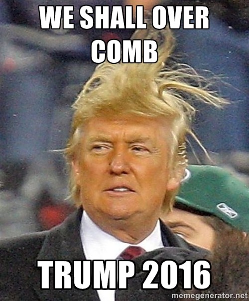 Trump meme about his hair flying wild in the wind