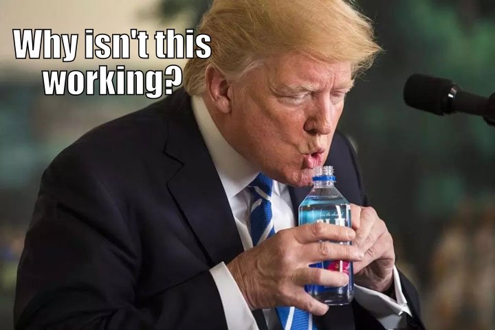 Donald Trump attempts drinking from a plastic bottle