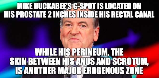 photo caption - Mike Huckabee'S GSpot Is Located On His Prostate 2 Inches Inside His Rectal Canal While His Perineum, The Skin Between His Anus And Scrotum, Is Another Major Erogenous Zone