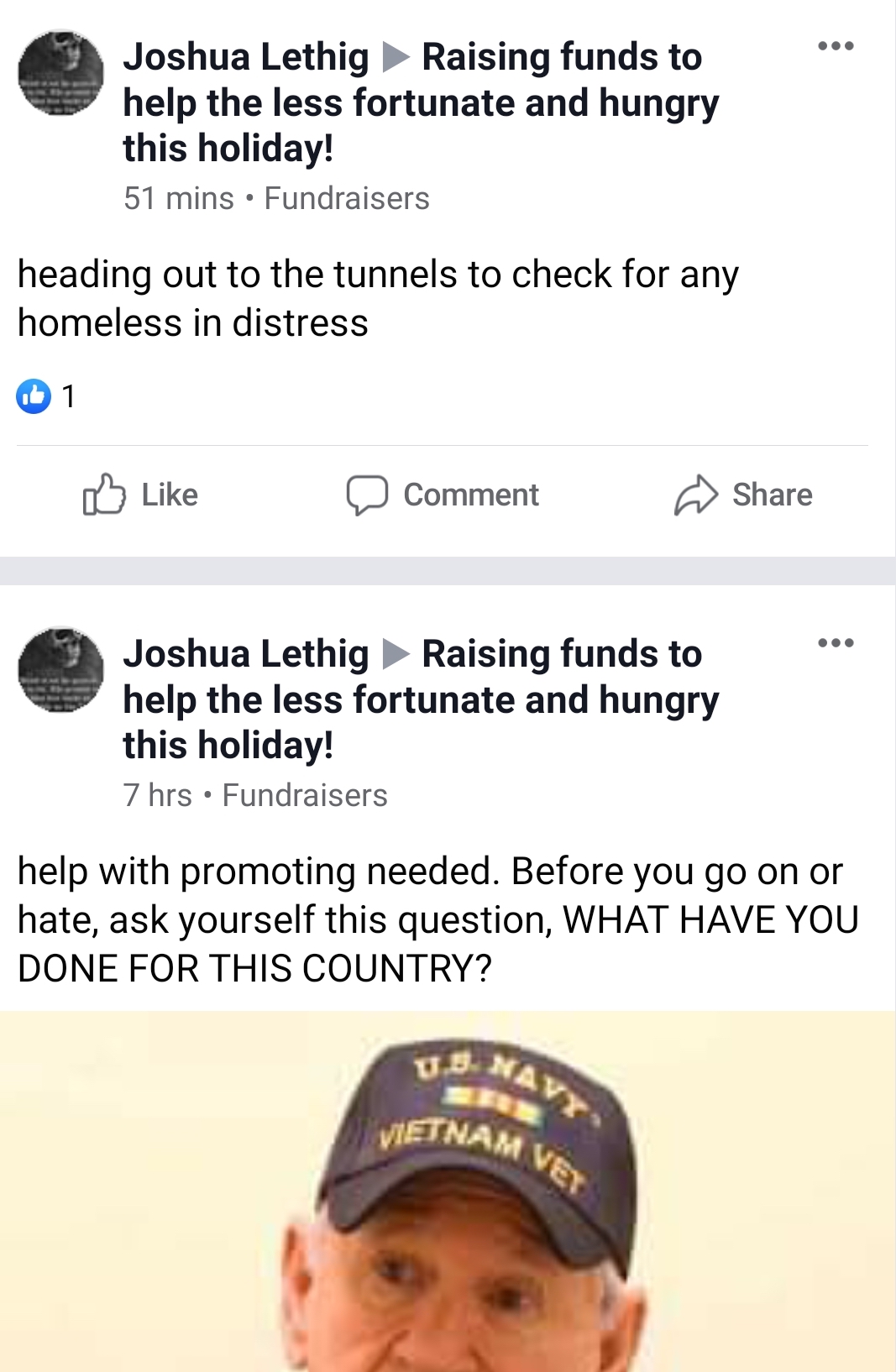 media - Joshua Lethig Raising funds to help the less fortunate and hungry this holiday! 51 mins. Fundraisers heading out to the tunnels to check for any homeless in distress 1 Comment Joshua Lethig Raising funds to help the less fortunate and hungry this 
