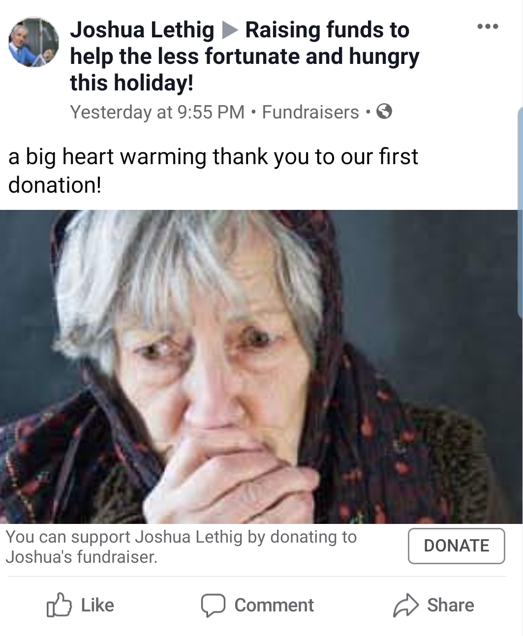 photo caption - Joshua Lethig Raising funds to help the less fortunate and hungry this holiday! Yesterday at . Fundraisers. a big heart warming thank you to our first donation! You can support Joshua Lethig by donating to Joshua's fundraiser. Donate Comme